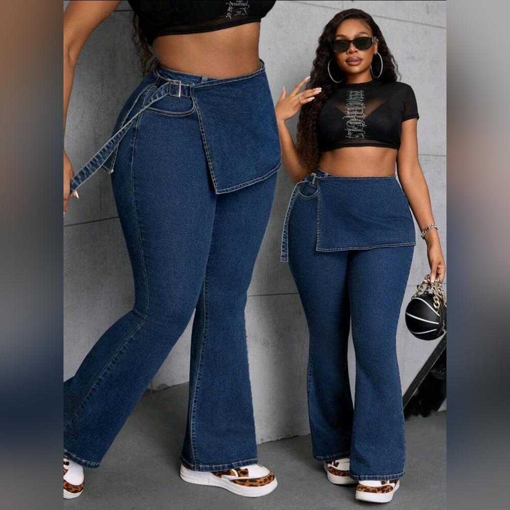 SHEIN Blue Flare Wide Leg Jeans with Asymmetrical Waist